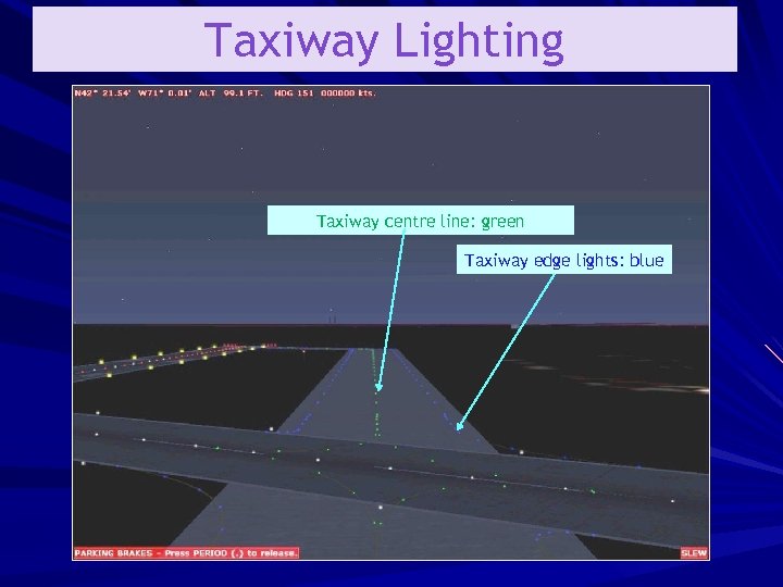 Taxiway Lighting Taxiway centre line: green Taxiway edge lights: blue 