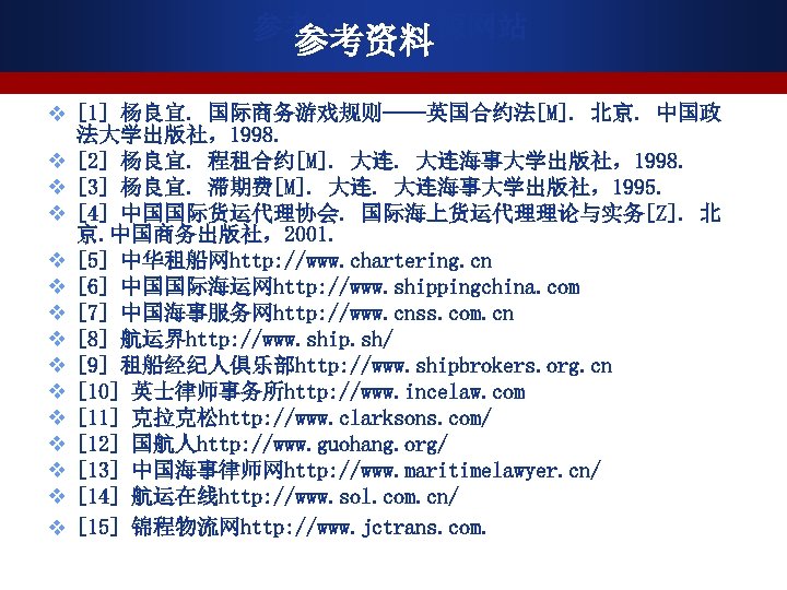 参考文献和资源网站 参考资料 v [1] 杨良宜. 国际商务游戏规则——英国合约法[M]. 北京. 中国政 法大学出版社，1998. v [2] 杨良宜. 程租合约[M]. 大连海事大学出版社，1998.