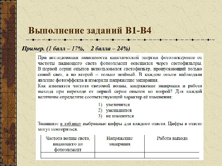 Выполнение заданий В 1 -В 4 Пример. (1 балл – 17%, 2 балла –