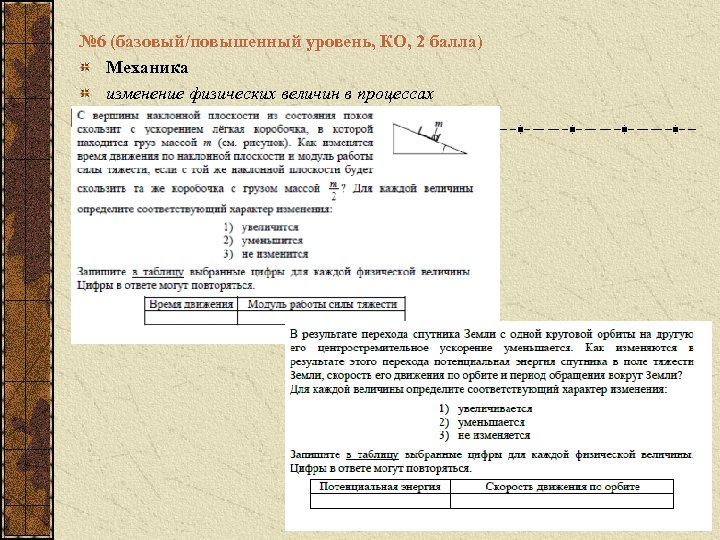 № 6 (базовый/повышенный уровень, КО, 2 балла) Механика изменение физических величин в процессах 
