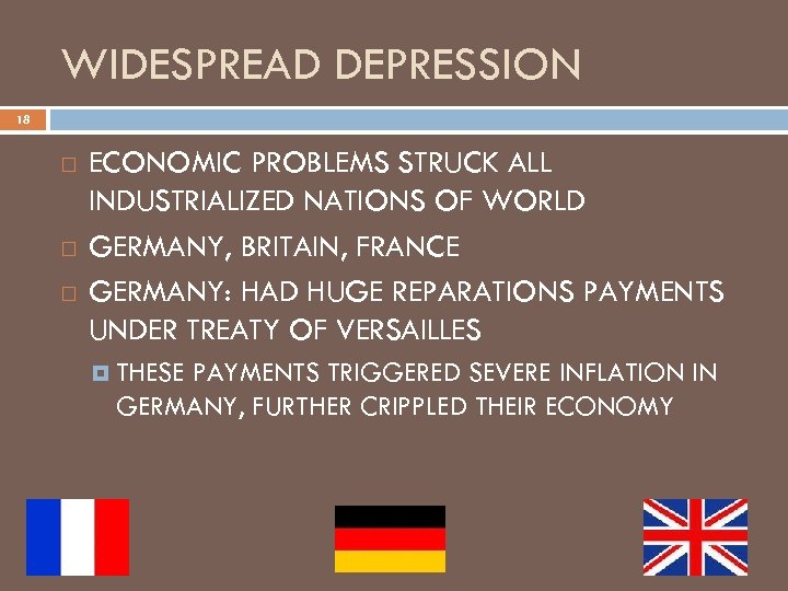 WIDESPREAD DEPRESSION 18 ECONOMIC PROBLEMS STRUCK ALL INDUSTRIALIZED NATIONS OF WORLD GERMANY, BRITAIN, FRANCE