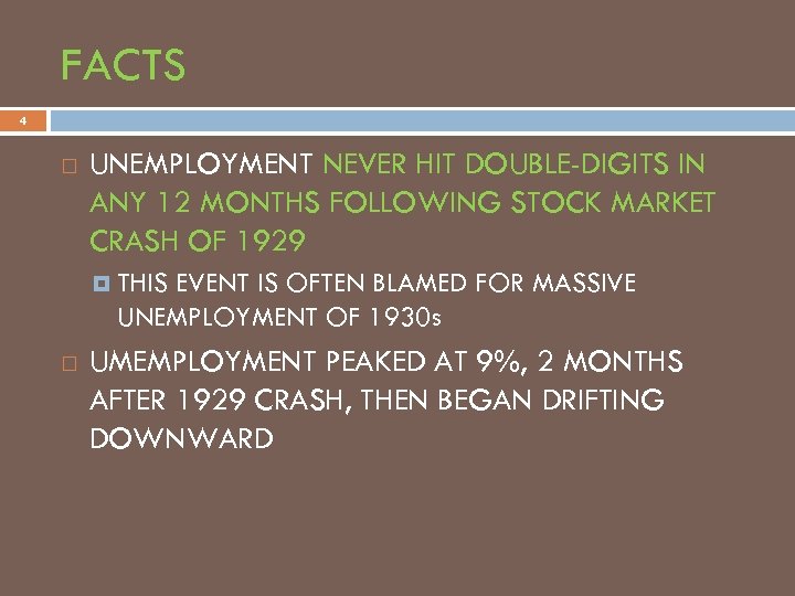 FACTS 4 UNEMPLOYMENT NEVER HIT DOUBLE-DIGITS IN ANY 12 MONTHS FOLLOWING STOCK MARKET CRASH