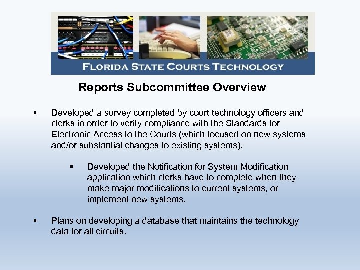 Reports Subcommittee Overview • Developed a survey completed by court technology officers and clerks