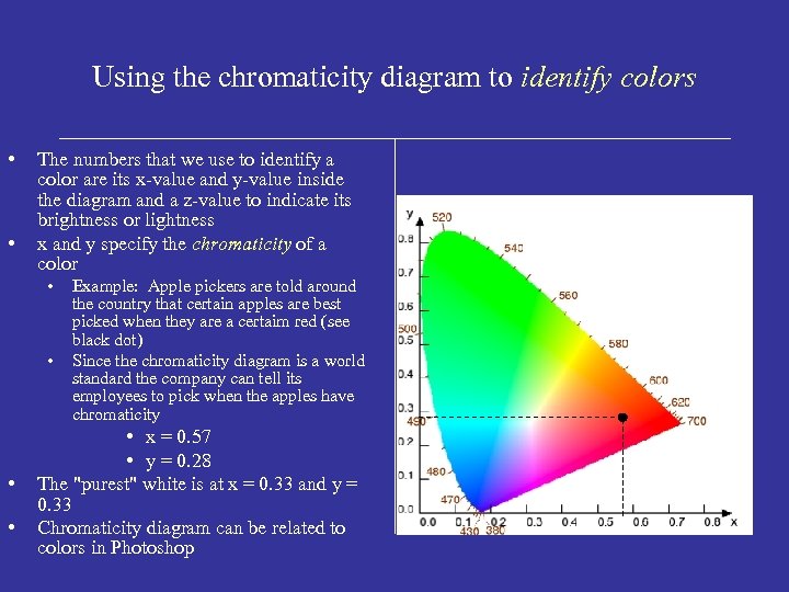 Using the chromaticity diagram to identify colors • • The numbers that we use