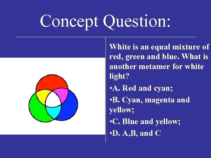 Concept Question: White is an equal mixture of red, green and blue. What is