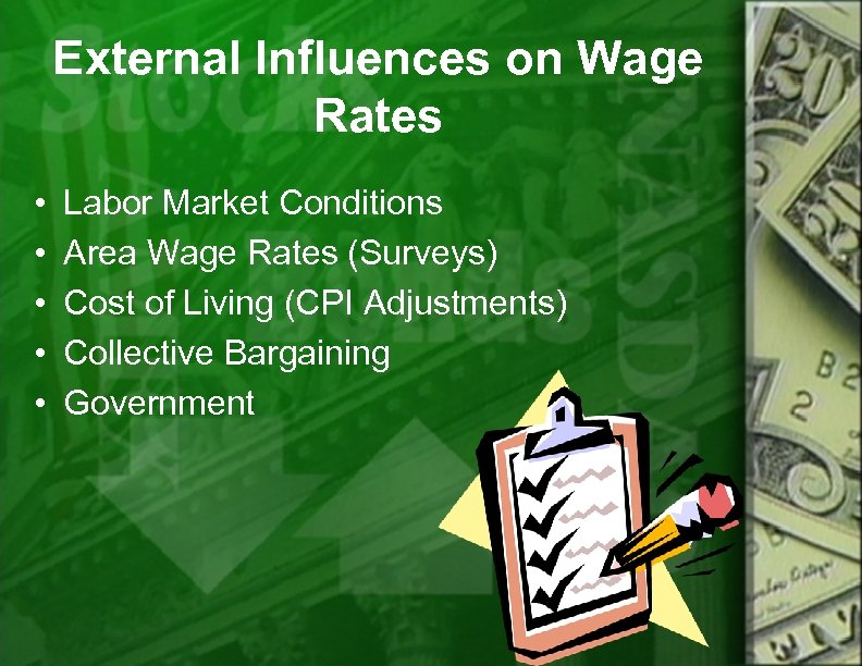 External Influences on Wage Rates • • • Labor Market Conditions Area Wage Rates