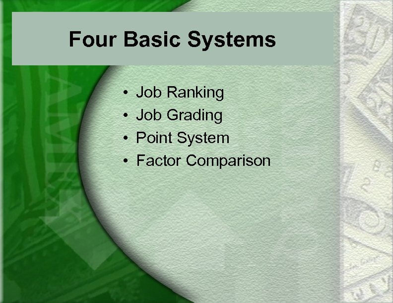 Four Basic Systems • • Job Ranking Job Grading Point System Factor Comparison 