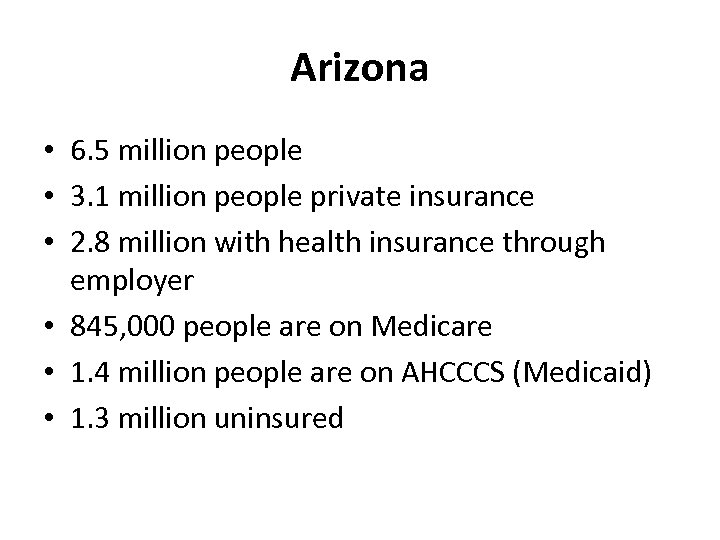 Arizona • 6. 5 million people • 3. 1 million people private insurance •