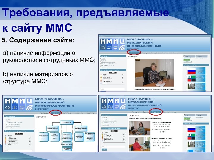 Требования, предъявляемые к сайту ММС 5. Содержание сайта: a) наличие информации о руководстве и