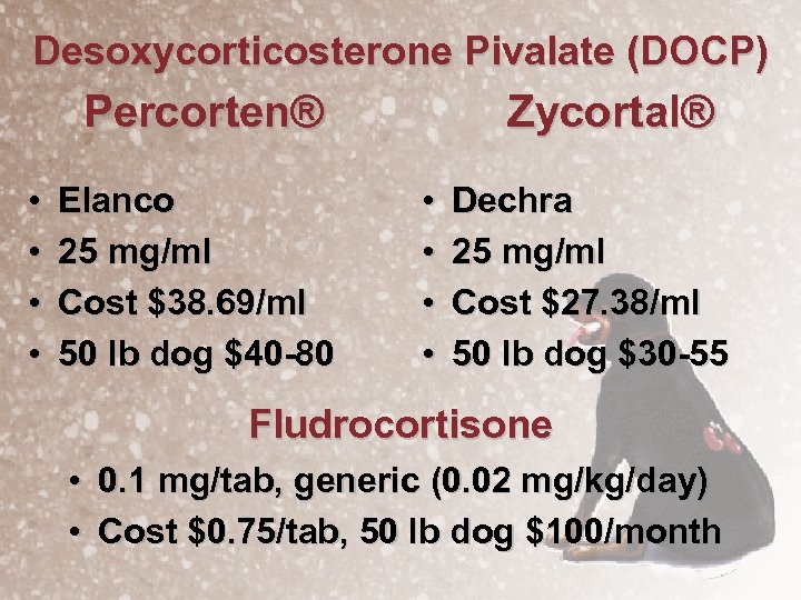 Desoxycorticosterone Pivalate (DOCP) Percorten® • • Elanco 25 mg/ml Cost $38. 69/ml 50 lb