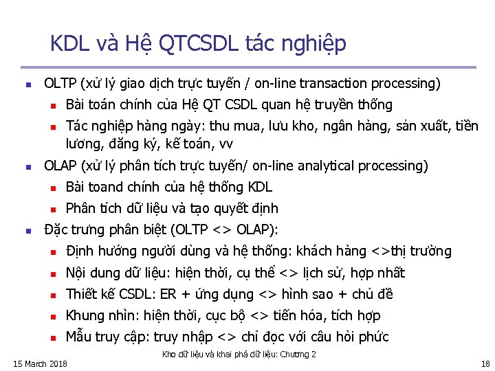 KDL và Hệ QTCSDL tác nghiệp n OLTP (xử lý giao dịch trực tuyến