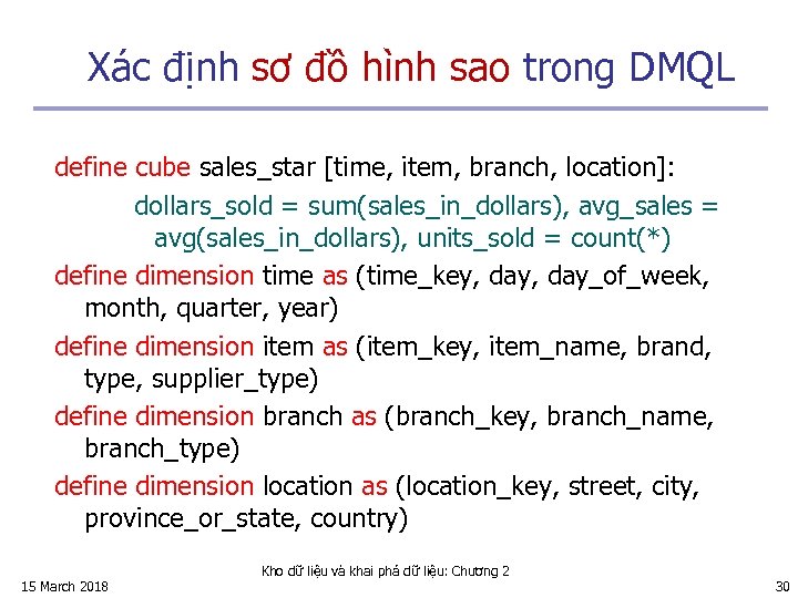 Xác định sơ đồ hình sao trong DMQL define cube sales_star [time, item, branch,