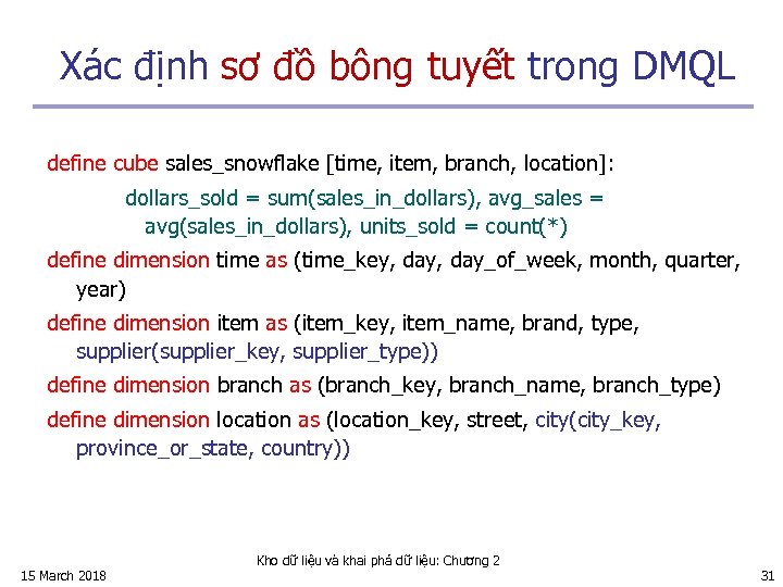 Xác định sơ đồ bông tuyết trong DMQL define cube sales_snowflake [time, item, branch,