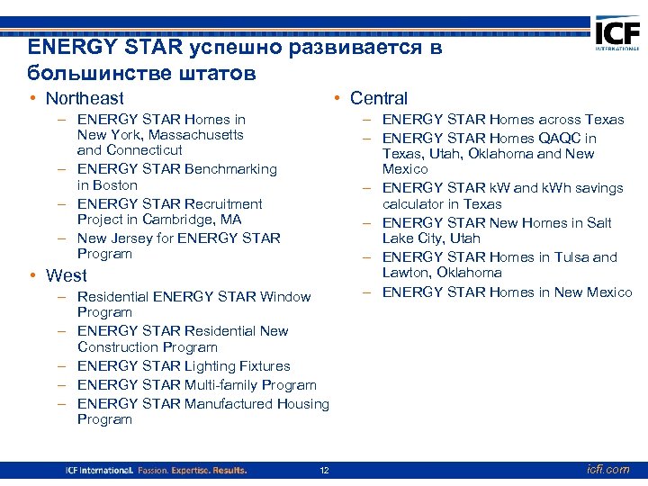 ENERGY STAR успешно развивается в большинстве штатов • Northeast • Central – ENERGY STAR