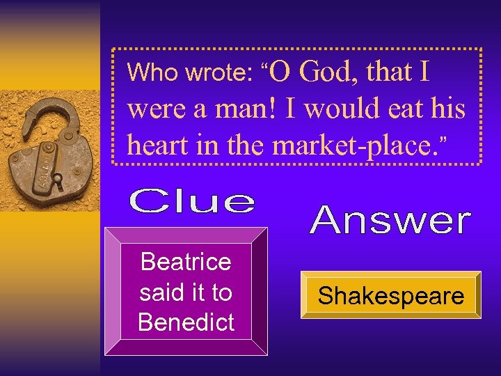Who wrote: “O God, that I were a man! I would eat his heart
