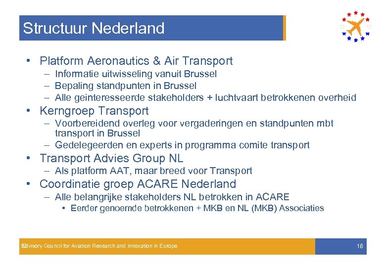Structuur Nederland • Platform Aeronautics & Air Transport – Informatie uitwisseling vanuit Brussel –