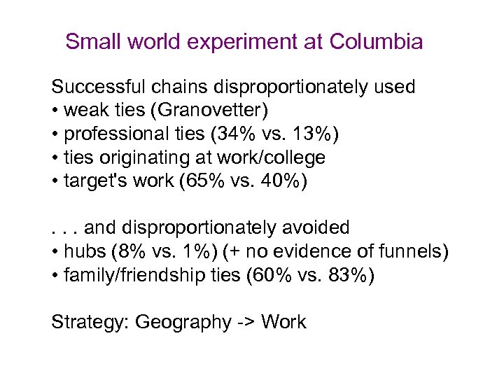 Small world experiment at Columbia Successful chains disproportionately used • weak ties (Granovetter) •