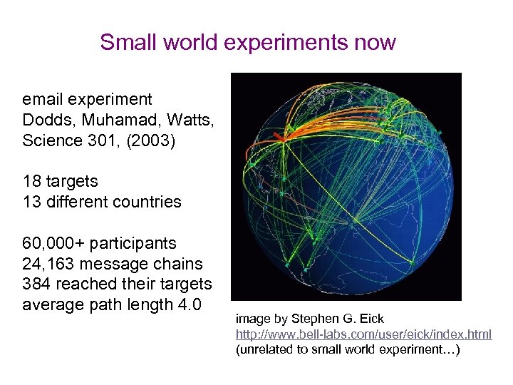 Small world experiments now email experiment Dodds, Muhamad, Watts, Science 301, (2003) 18 targets