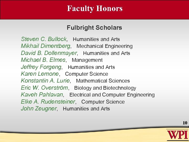 Faculty Honors Fulbright Scholars Steven C. Bullock, Humanities and Arts Mikhail Dimentberg, Mechanical Engineering