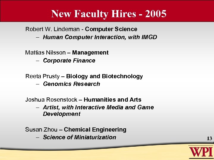 New Faculty Hires - 2005 Robert W. Lindeman - Computer Science – Human Computer