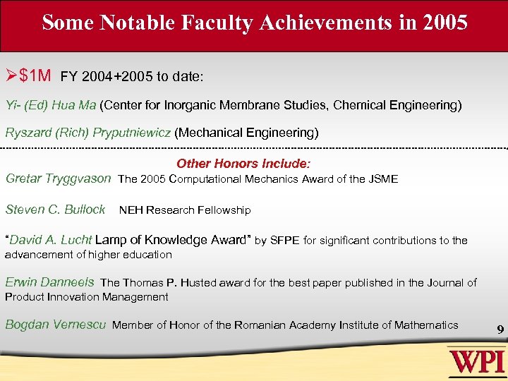 Some Notable Faculty Achievements in 2005 Ø$1 M FY 2004+2005 to date: Yi- (Ed)