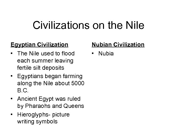 Civilizations on the Nile Egyptian Civilization • The Nile used to flood each summer