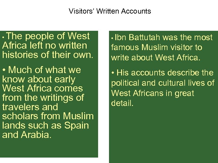 Visitors’ Written Accounts The people of West Africa left no written histories of their