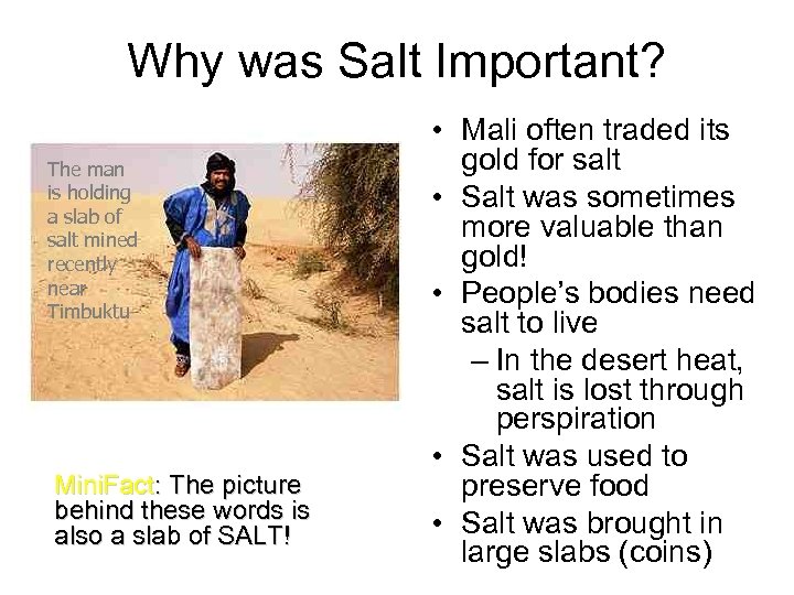 Why was Salt Important? The man is holding a slab of salt mined recently