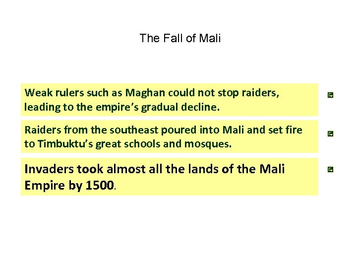 The Fall of Mali Weak rulers such as Maghan could not stop raiders, leading