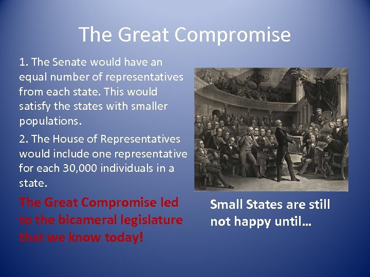 The Great Compromise 1. The Senate would have an equal number of representatives from