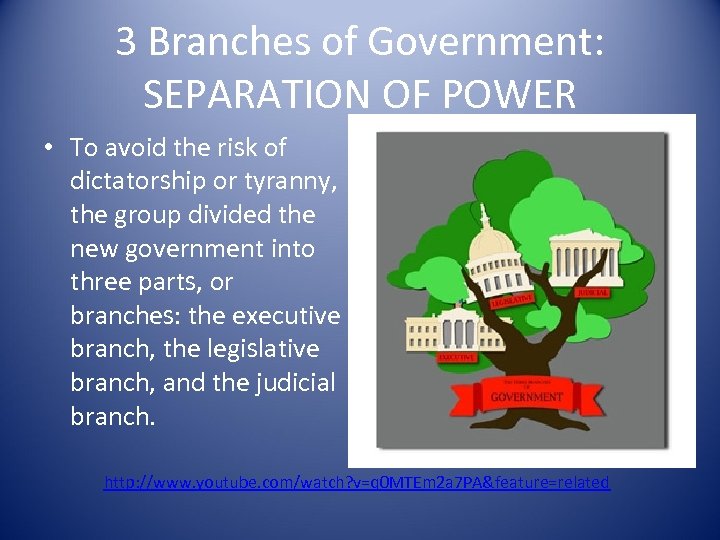 3 Branches of Government: SEPARATION OF POWER • To avoid the risk of dictatorship