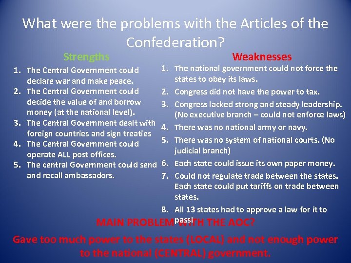 What were the problems with the Articles of the Confederation? Strengths Weaknesses 1. The