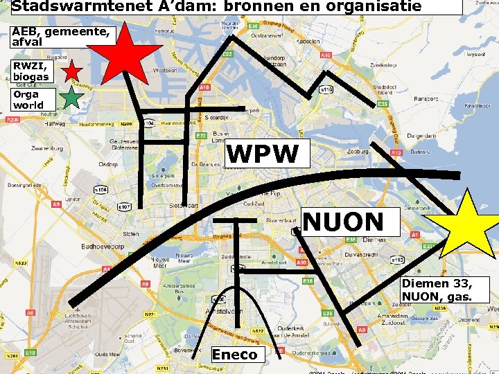 Stadswarmtenet A’dam: bronnen en organisatie AEB, gemeente, afval RWZI, biogas Orga world WPW NUON