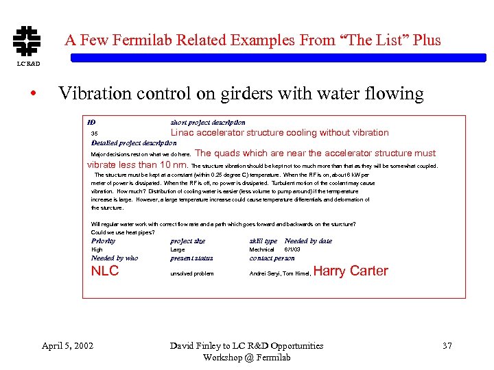 A Few Fermilab Related Examples From “The List” Plus LC R&D • Vibration control