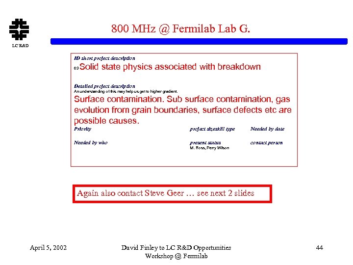 800 MHz @ Fermilab Lab G. LC R&D ID short project description 63 Solid