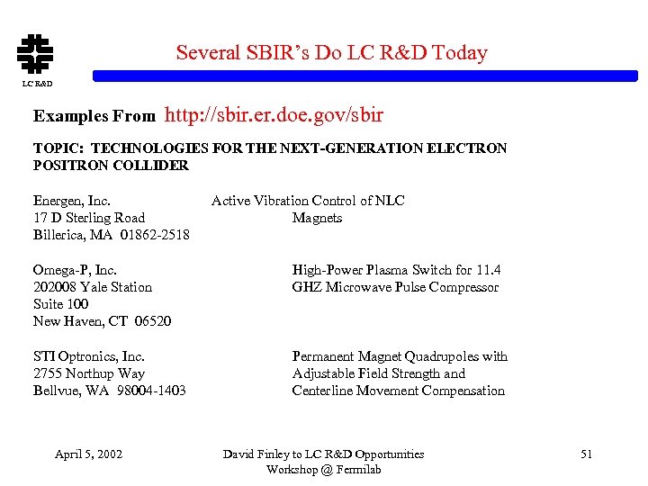 Several SBIR’s Do LC R&D Today LC R&D Examples From http: //sbir. er. doe.