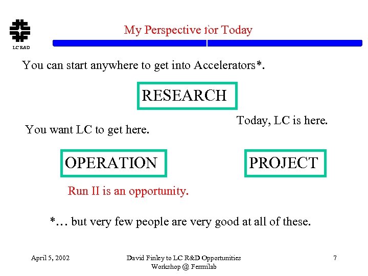 My Perspective for Today LC R&D You can start anywhere to get into Accelerators*.