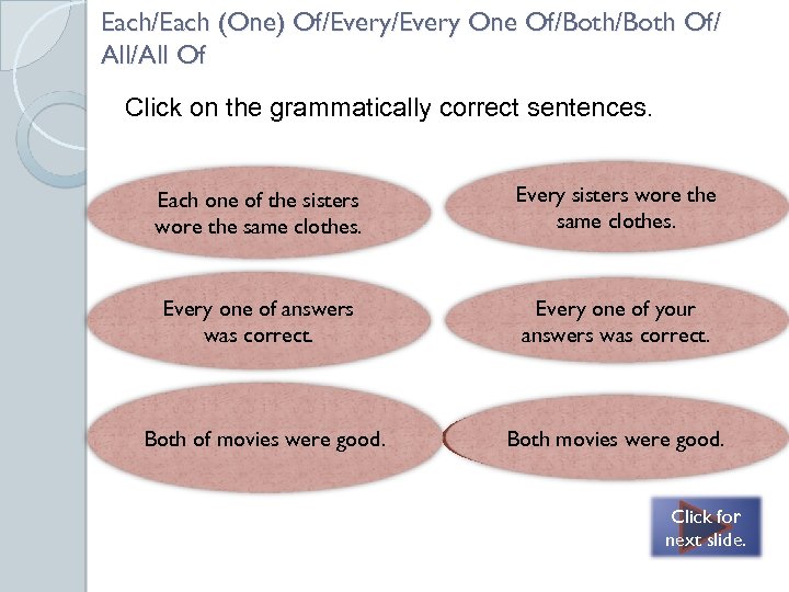 Each/Each (One) Of/Every One Of/Both Of/ All/All Of Click on the grammatically correct sentences.