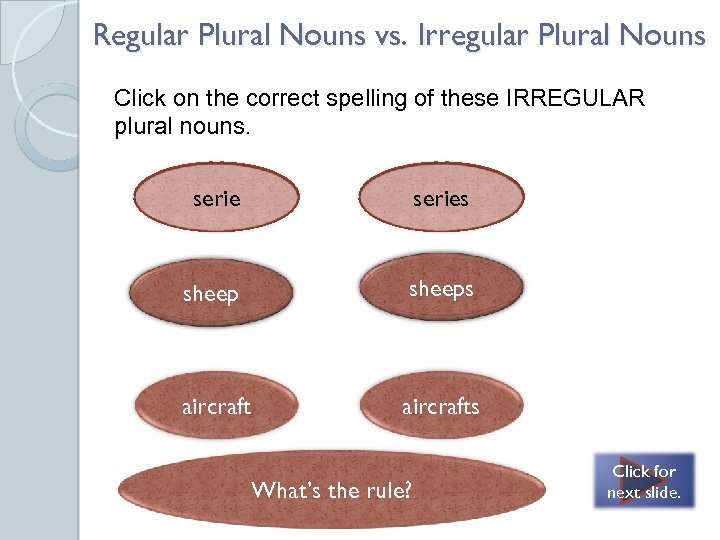 Regular Plural Nouns vs. Irregular Plural Nouns Click on the correct spelling of these