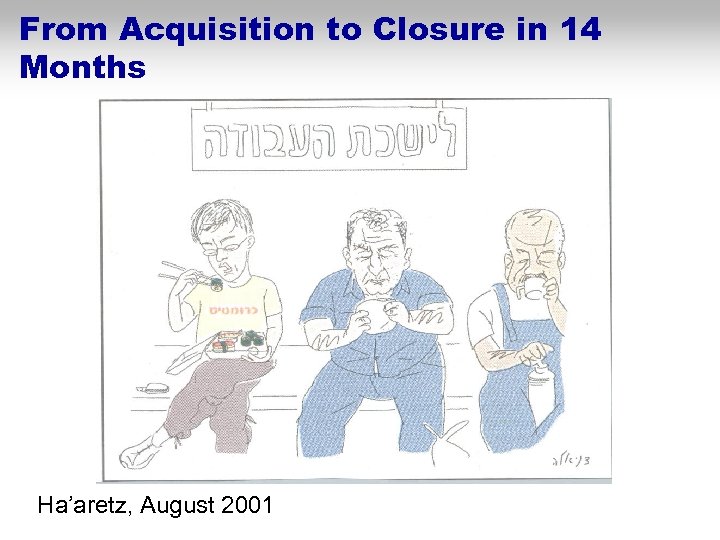 From Acquisition to Closure in 14 Months Ha’aretz, August 2001 