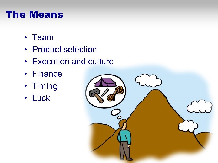 The Means • • • Team Product selection Execution and culture Finance Timing Luck