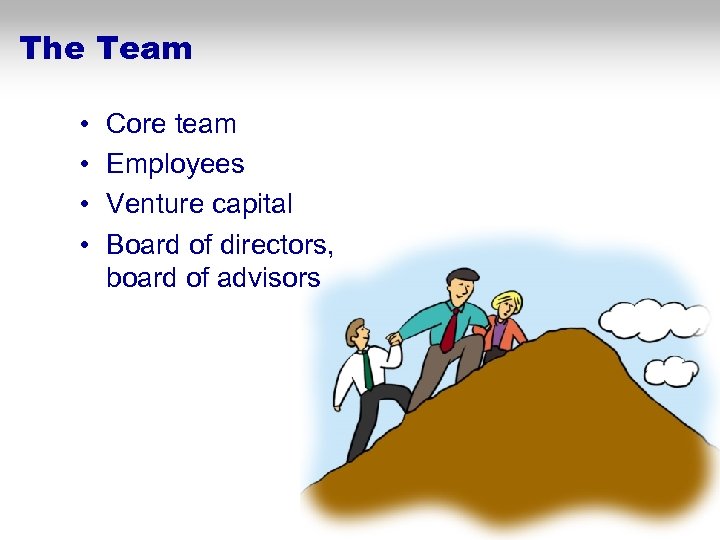 The Team • • Core team Employees Venture capital Board of directors, board of