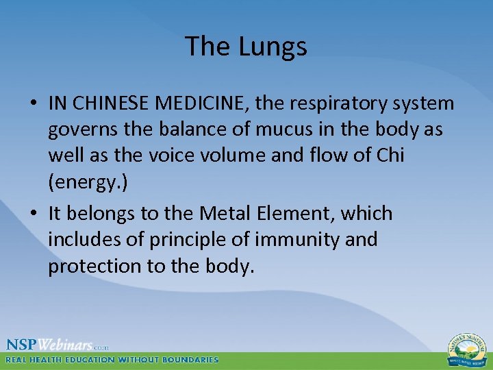The Lungs • IN CHINESE MEDICINE, the respiratory system governs the balance of mucus