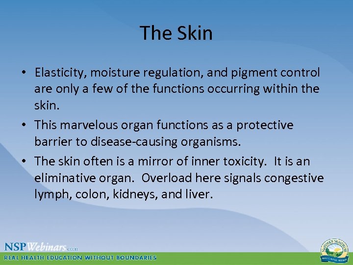 The Skin • Elasticity, moisture regulation, and pigment control are only a few of