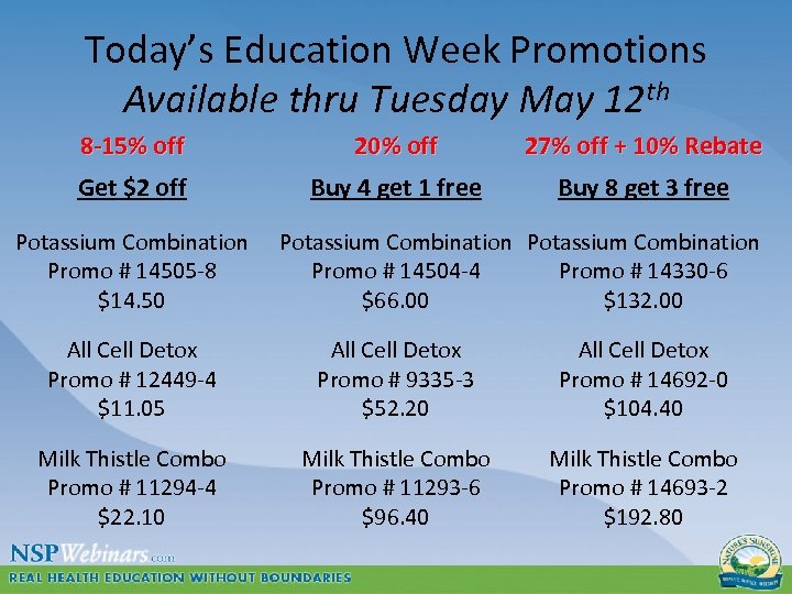 Today’s Education Week Promotions Available thru Tuesday May 12 th 8 -15% off 20%