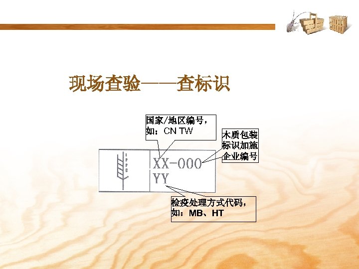 现场查验——查标识 国家/地区编号， 如：CN TW 木质包装 标识加施 企业编号 检疫处理方式代码， 如：MB、HT 