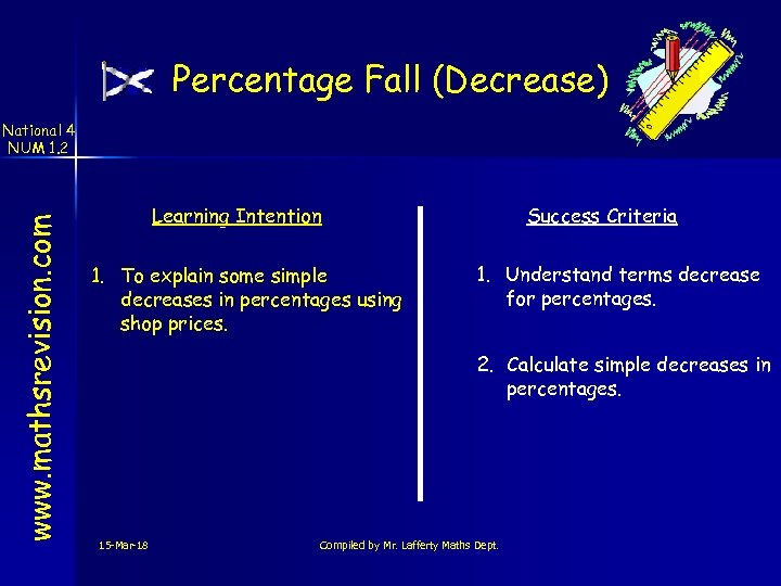 Percentage Fall (Decrease) www. mathsrevision. com National 4 NUM 1. 2 Learning Intention 1.