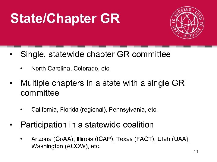 State/Chapter GR • Single, statewide chapter GR committee • North Carolina, Colorado, etc. •