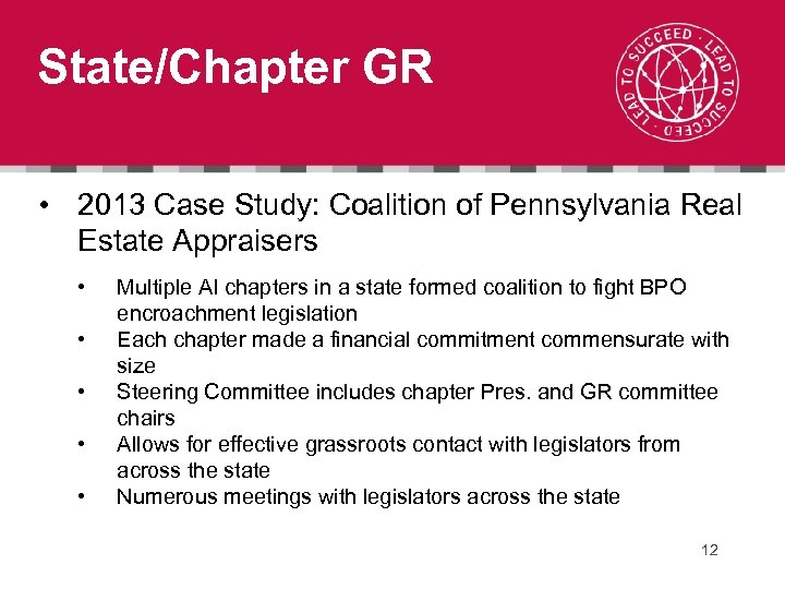 State/Chapter GR • 2013 Case Study: Coalition of Pennsylvania Real Estate Appraisers • •