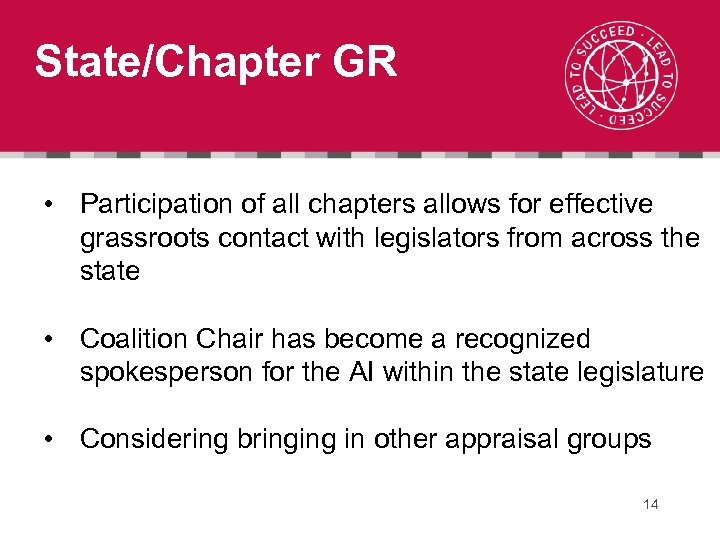 State/Chapter GR • Participation of all chapters allows for effective grassroots contact with legislators